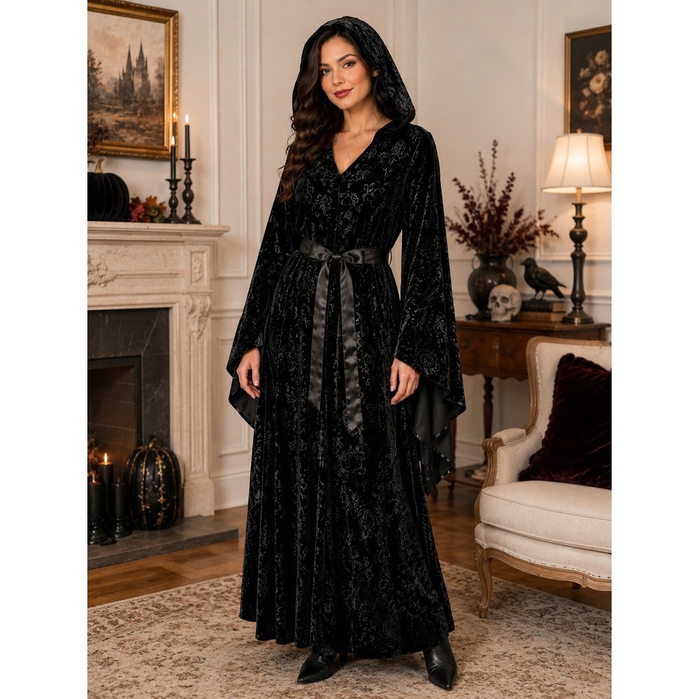 Spirit Halloween Hooded Witch Dress Womens L/XL Black Velvet Halloween Costume